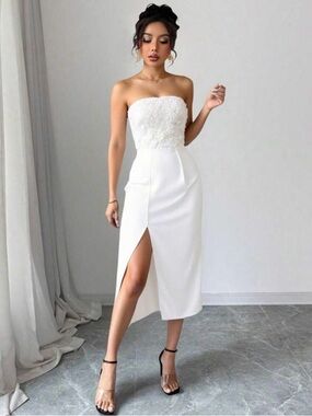 SHEIN Strapless White Midi Dress with Lace Bodice and Side Slit